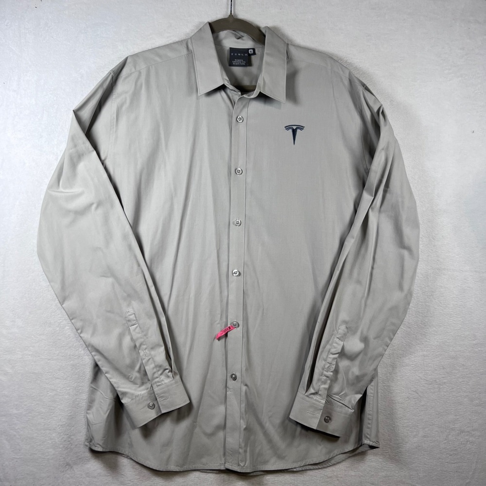 Tesla Motors Mens XL Gray Long Sleeve Button Down Dress Shirt Embroidered Logo